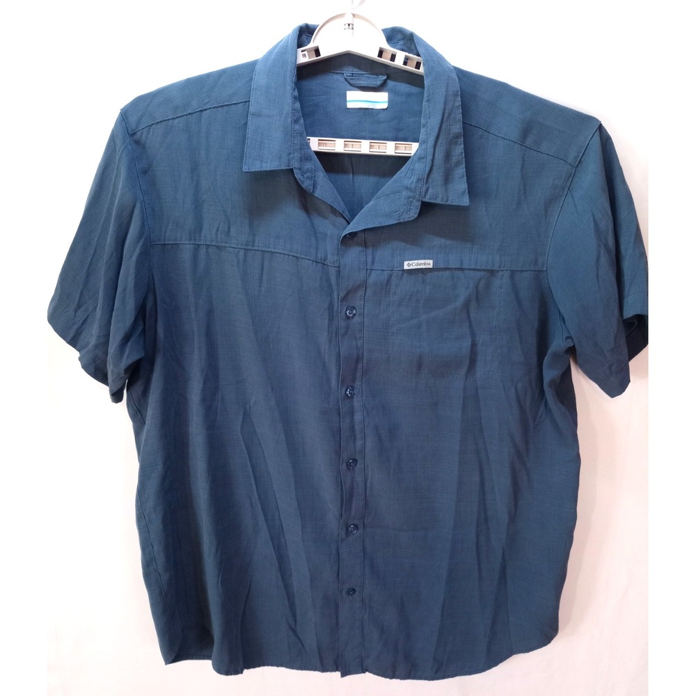 Columbia Men's Button Up Short Sleeve Camp Shirt, XL, Blue